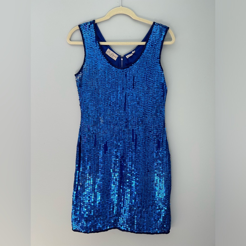 Vintage La Divina 100% Silk Sequined Mini Dress Sz M Blue